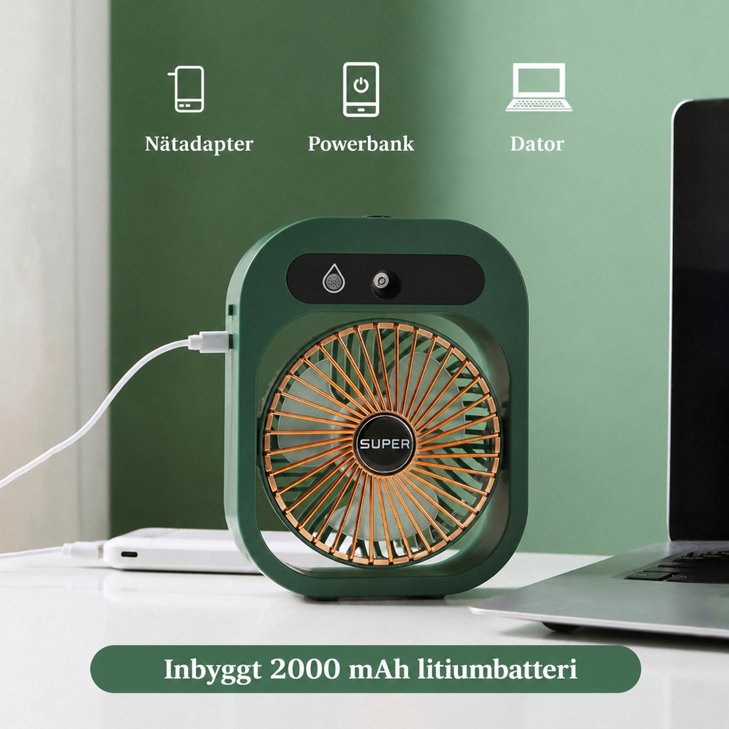 Portabel Sprayfläkt med Luftfuktare – 3 Hastigheter & USB-laddning