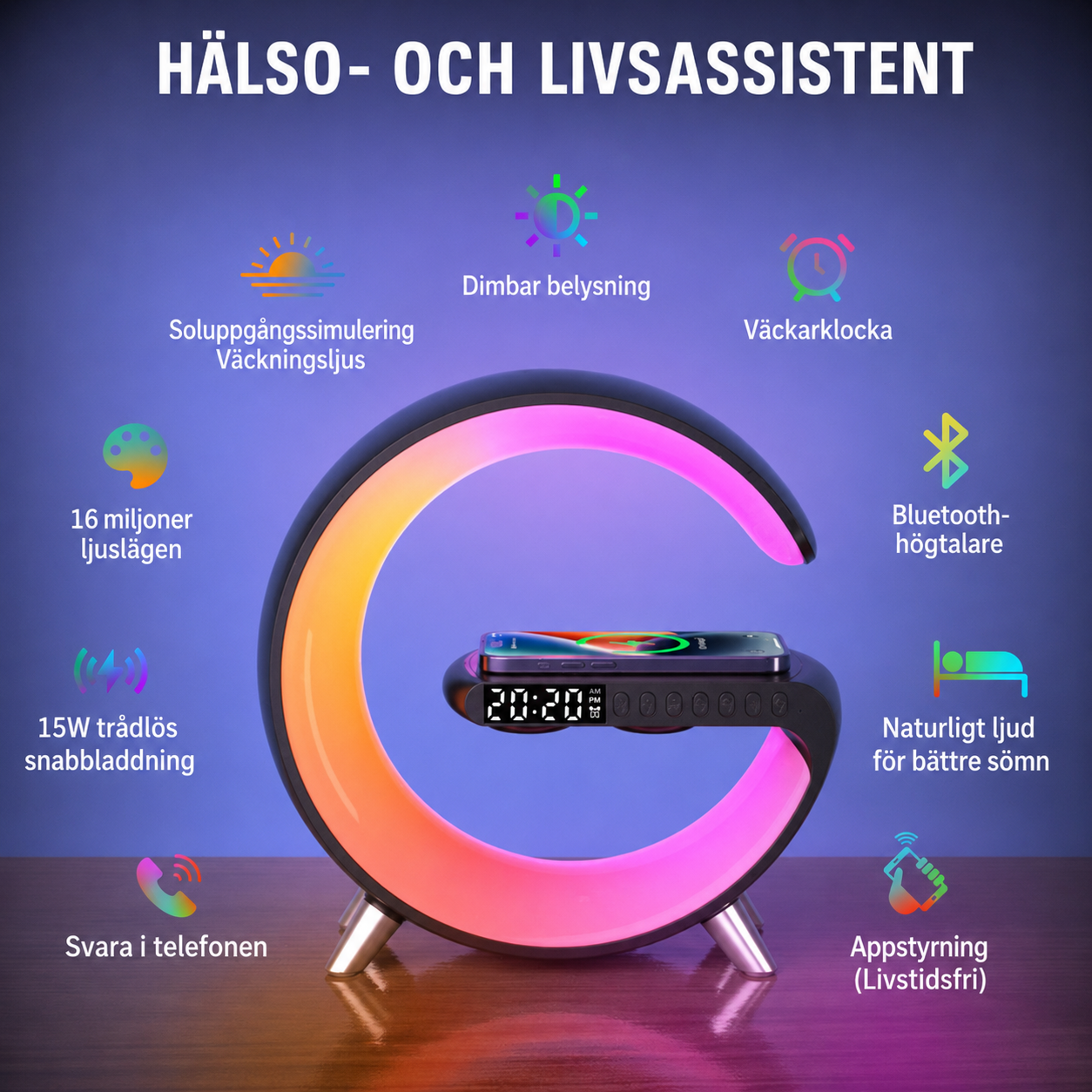 G-formad LED-lampa med Bluetooth-högtalare & Trådlös Laddning — App-styrd Stämningslampa för Sovrum
