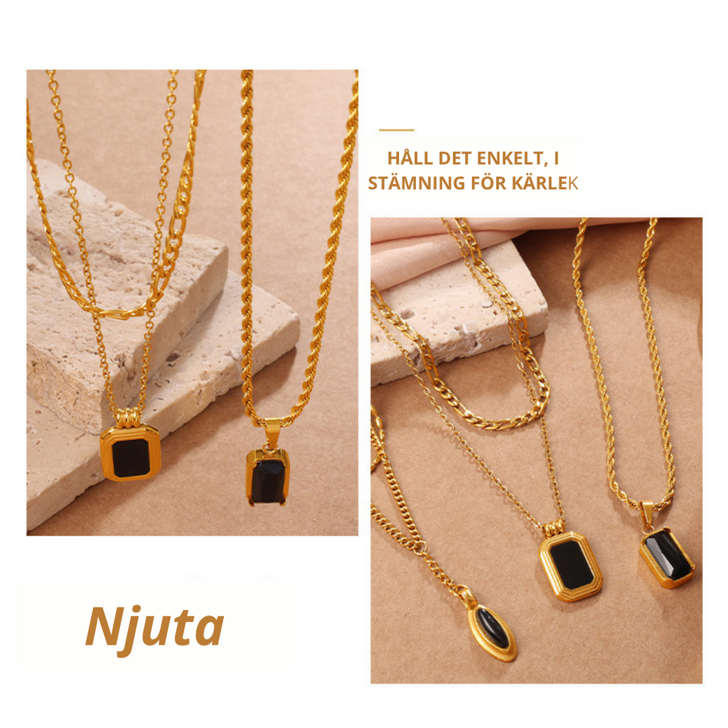 Elegant Dubbellagrat Halsband — 18K Guld & Svart Onyx i Vintage Stil!