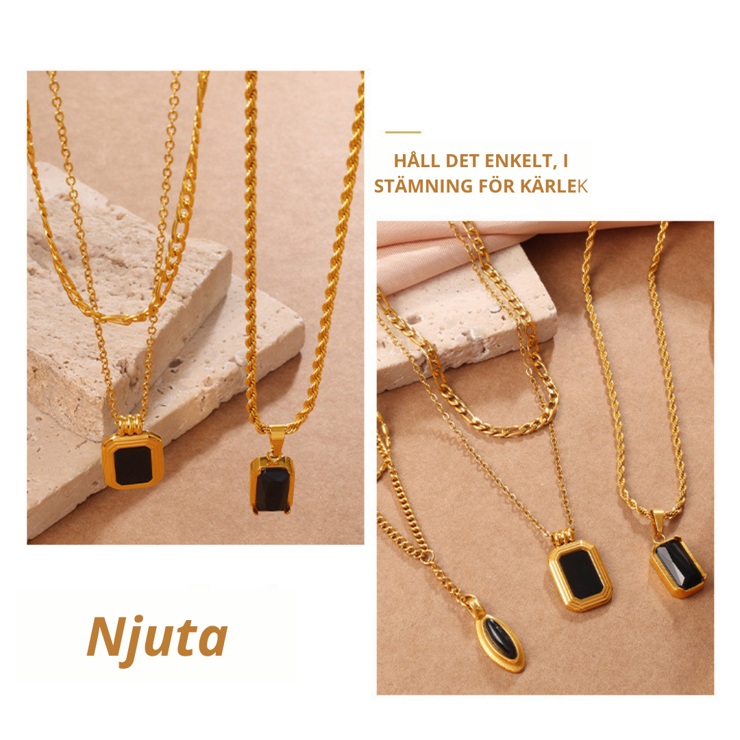 Elegant Dubbellagrat Halsband — 18K Guld & Svart Onyx i Vintage Stil!