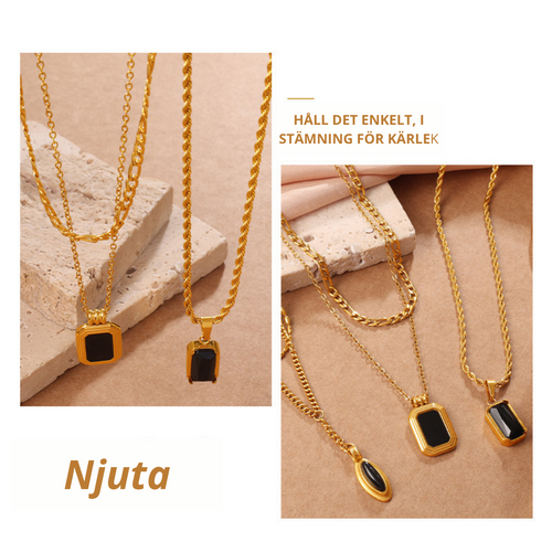 Elegant Dubbellagrat Halsband — 18K Guld & Svart Onyx i Vintage Stil!